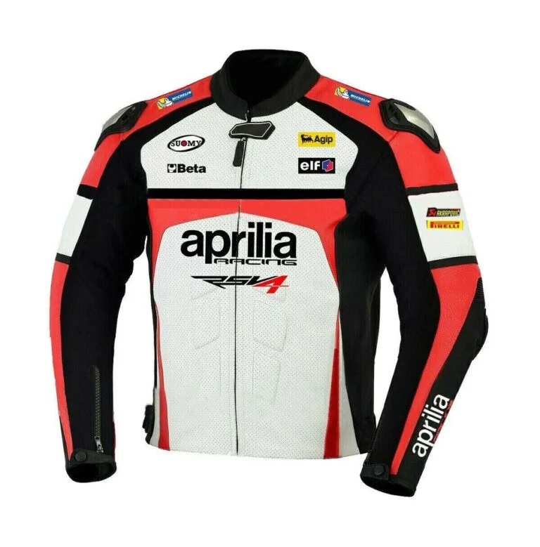 Aprilia Racing Motorcycle Leather Jacket White Black Red