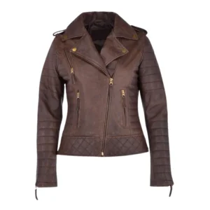 BROWN LEATHER BIKER JACKET FOR WOMEN