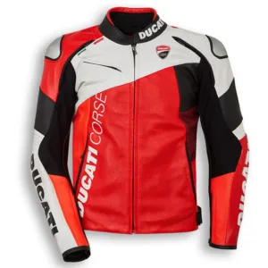 Ducati Corse Motorbike Leather Jacket Slant Design Red White Black