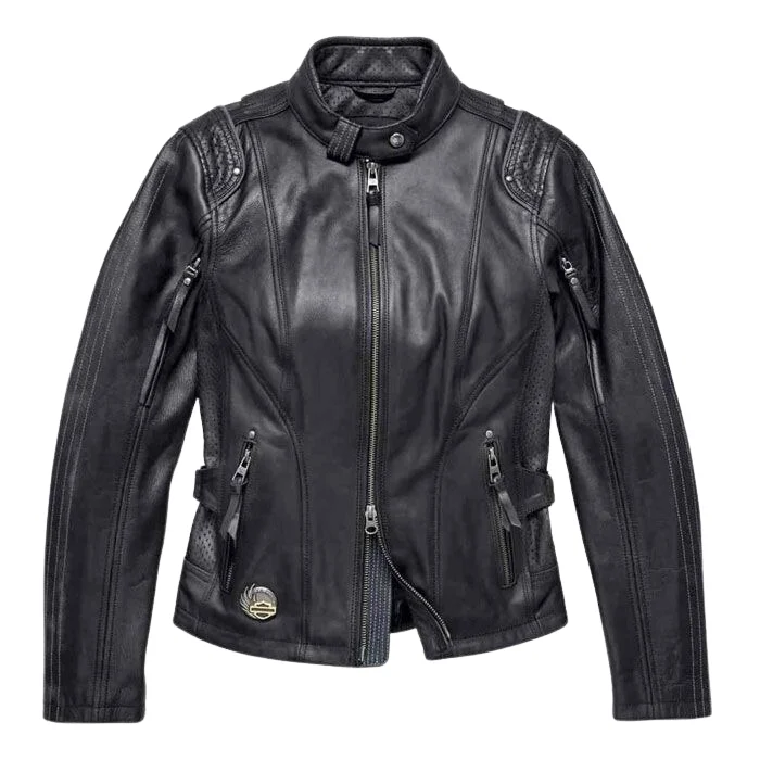HARLEY DAVIDSON WOMEN 115TH REFLECTIVE BLACK LEATHER JACKET SZ PETITE