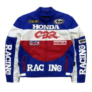 Honda CBR Custom Motorcycle Leather Racing Jacket Blue White Maroon