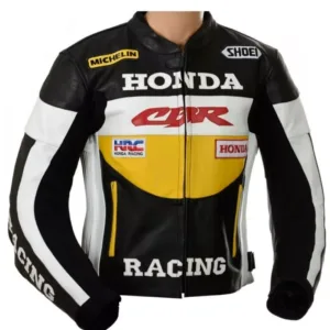 Honda CBR HRC Custom Motorcycle Leather Racing Jacket Black White Yellow