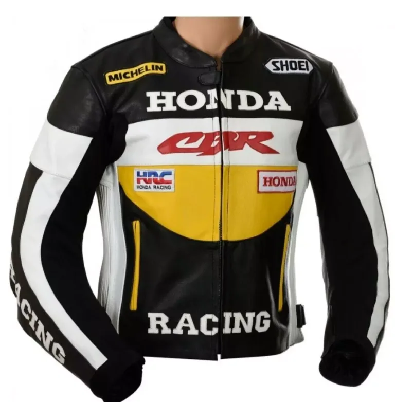 Honda CBR HRC Custom Motorcycle Leather Racing Jacket Black White Yellow