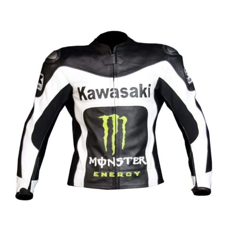 Kawasaki Monster Energy Custom Motorcycle Leather Racing Jacket White Black