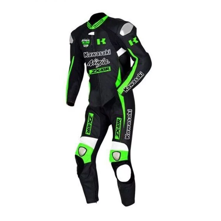 Kawasaki Ninja ZX10R Motorcycle Leather Racing Suit Black Green