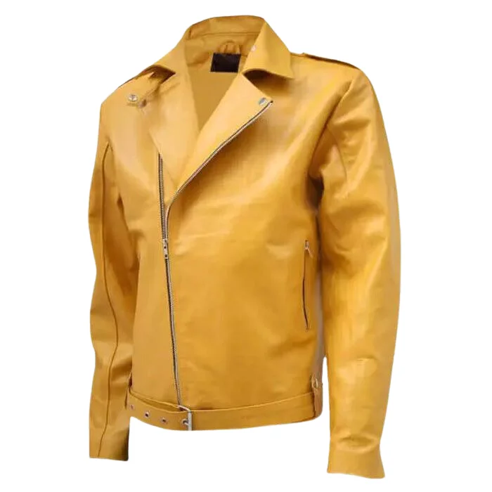 MEN YELLOW BIKER POINTED COLLAR LEATHER JACKET