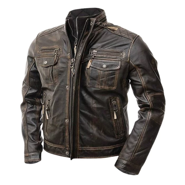 MEN'S VINTAGE DISTRESSED BROWN CAFE RACER LEATHER JACKET