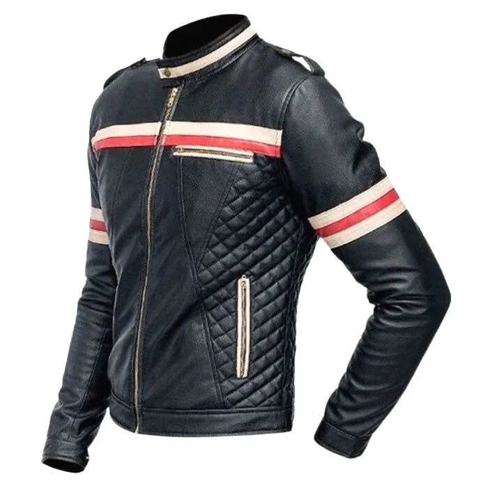 RED AND WHITE STRIPED LEATHER JACKET
