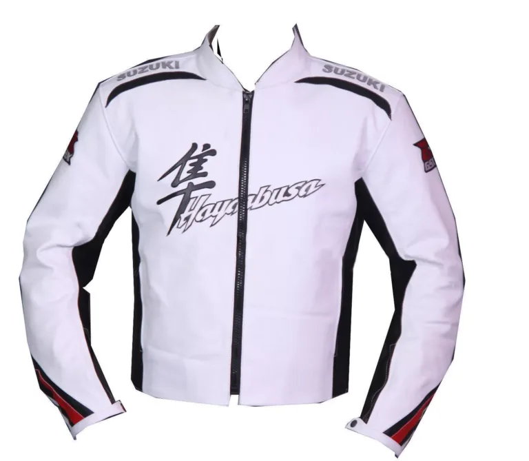 Suzuki Hayabusa Custom Motorcycle Leather Racing Jacket White Black