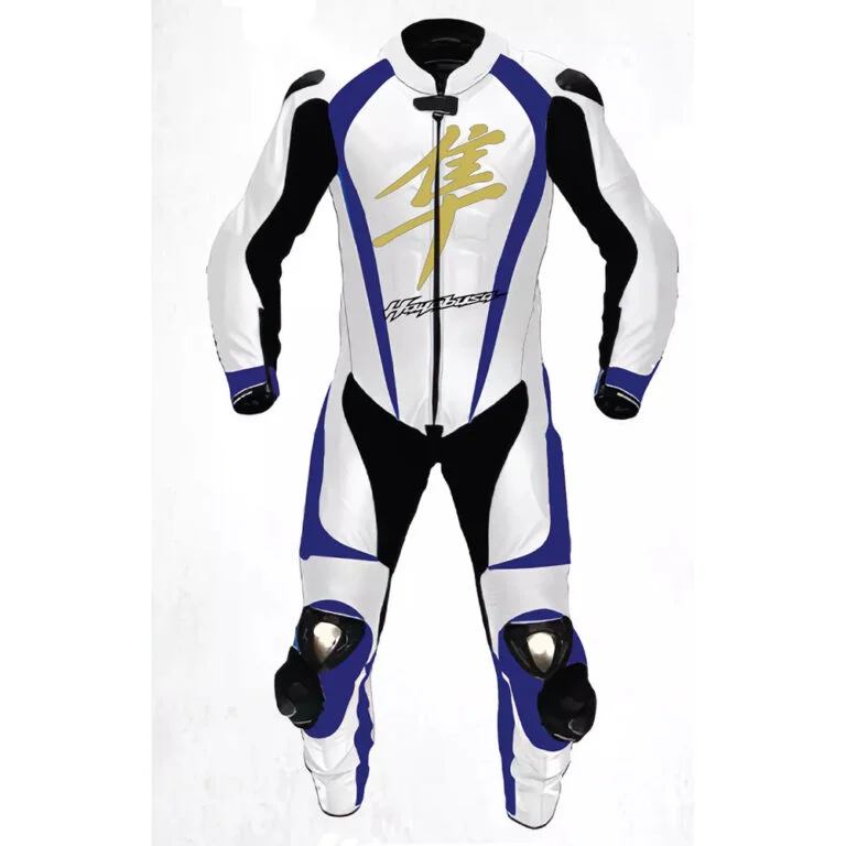 Suzuki Hayabusa Motorcycle Leather Racing Suit White Blue Black