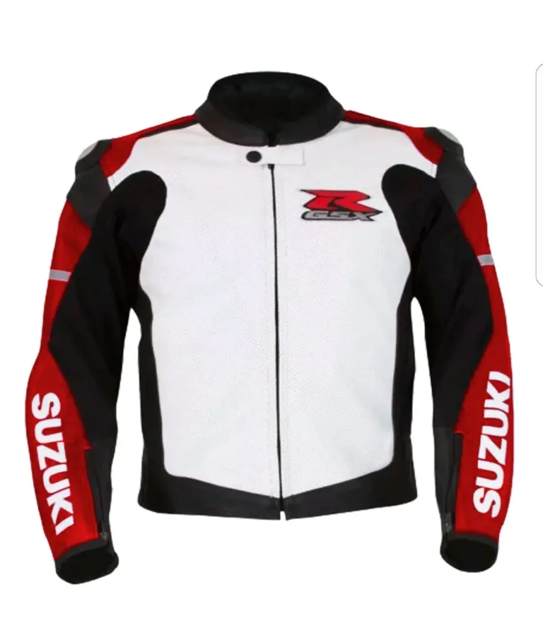 Suzuki R GSX Motorbike Leather Racing Jacket White Red Black