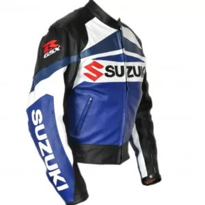 Suzuki R GSX Motorcycle Leather Racing Jacket Blue White Black