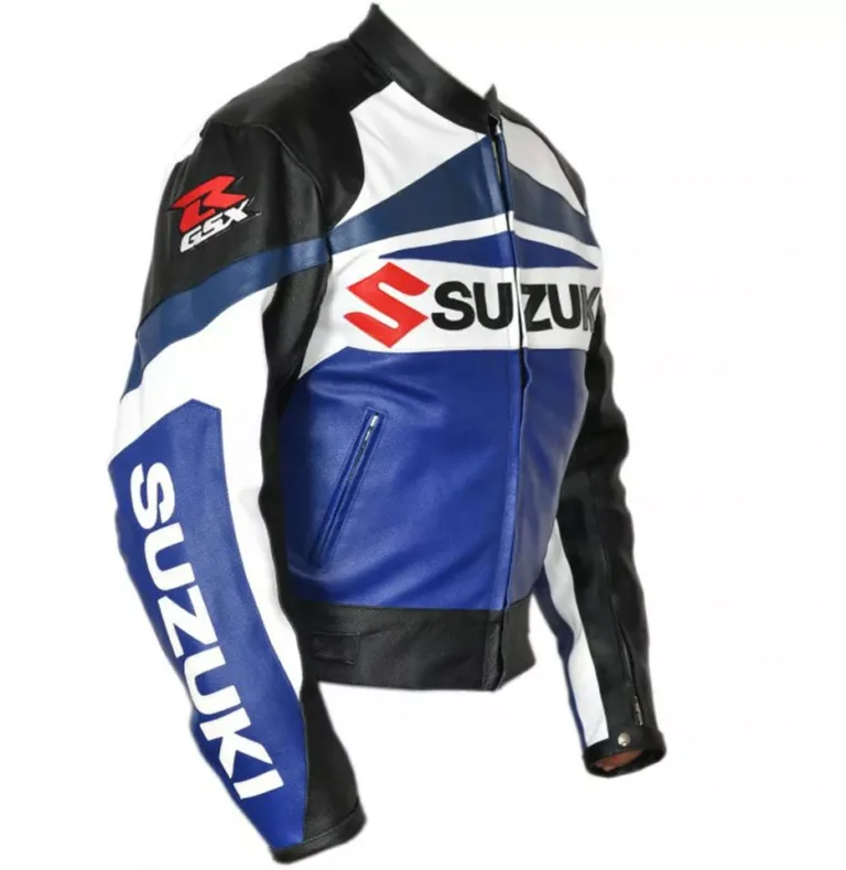 Suzuki R GSX Motorcycle Leather Racing Jacket Blue White Black