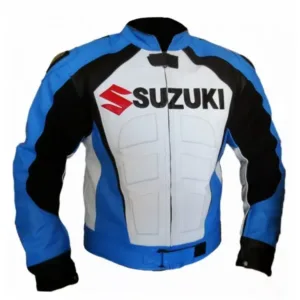 Suzuki R GSX Motorcycle Leather Racing Jacket White Blue Black