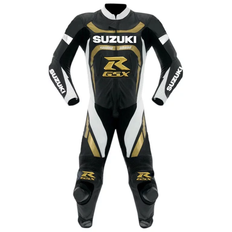 Suzuki R GSX Motorcycle Leather Racing Suit Black Gold White