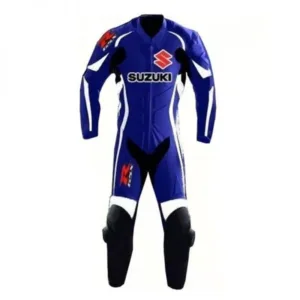 Suzuki R GSX Motorcycle Leather Racing Suit Blue White Black