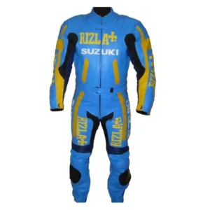 Suzuki Rizla Motorcycle Leather Racing Suit Blue Gold
