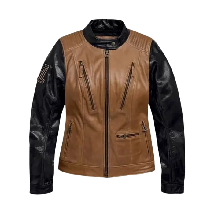 WOMEN’S COLOR BLOCKED LEATHER JACKET