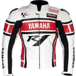 Yamaha Moto GP R1 Motorcycle Custom Leather Racing Jacket White Red Black