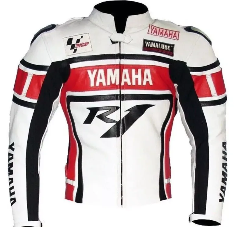 Yamaha Moto GP R1 Motorcycle Custom Leather Racing Jacket White Red Black