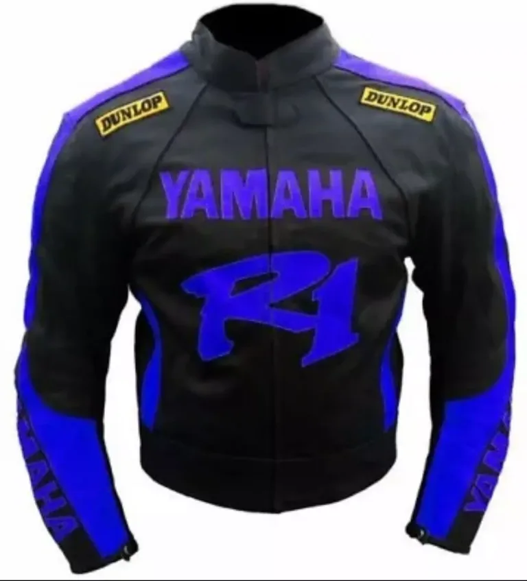 Yamaha R1 Dunlop Motorbike Leather Racing Jacket Black Blue