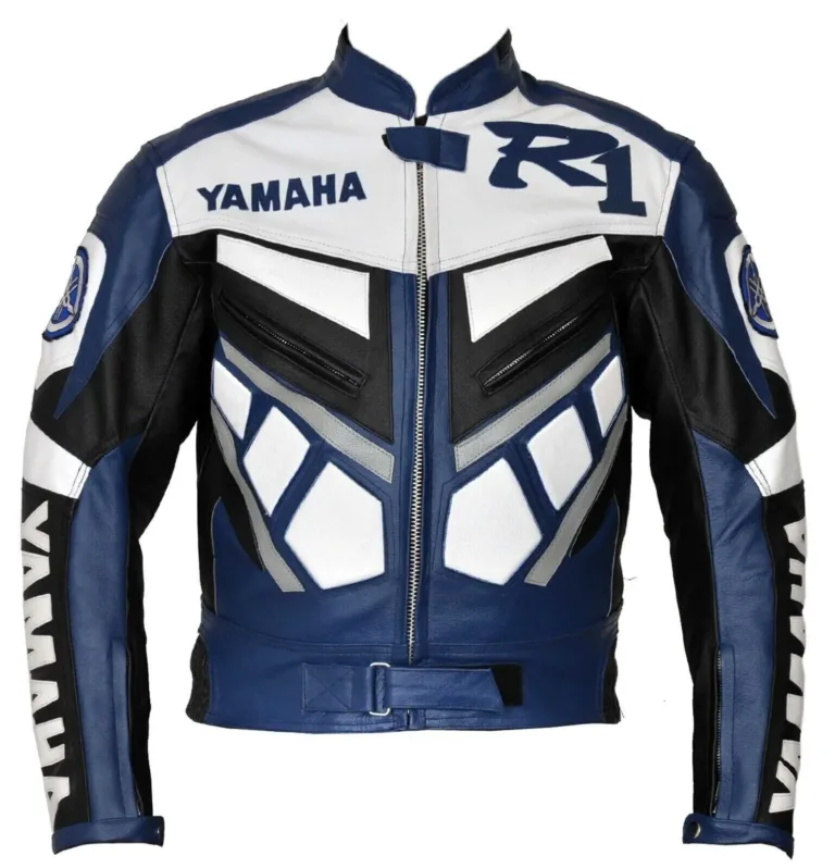Yamaha R1 Motorbike Leather Racing Jacket Blue White Black